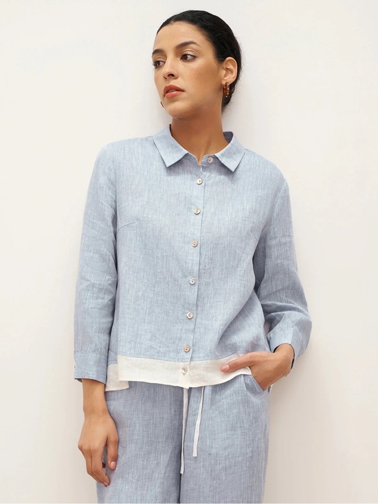 Lintico Tops - Lintico Light Blue Button-Up 100% Linen Top with White Hem